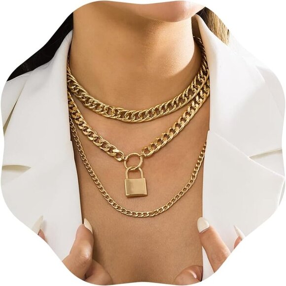 Chunky Chain Necklace Punk Layered Choker Necklaces Cuban Link Chain Necklace wi - Picture 1 of 6